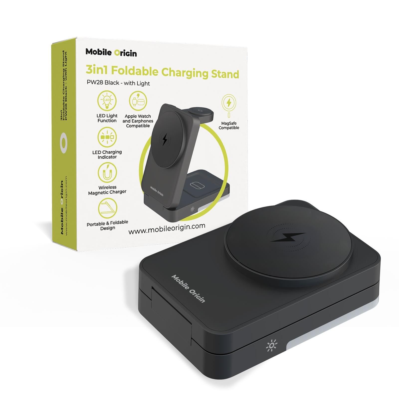 Mobile Origin Pw28 3in1 Foldable Charging Stand With Light - Black - Handys Adapter Und Ladegeraete Mo-fchs-pw28-blk