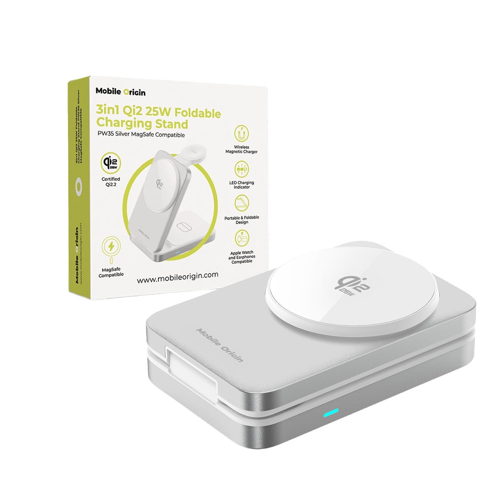 Mobile Origin 3in1 Qi2 25w Foldable Charging Stand Pw35.Magsafe Compatible - Silver - Handys Adapter Und Ladegeraete
