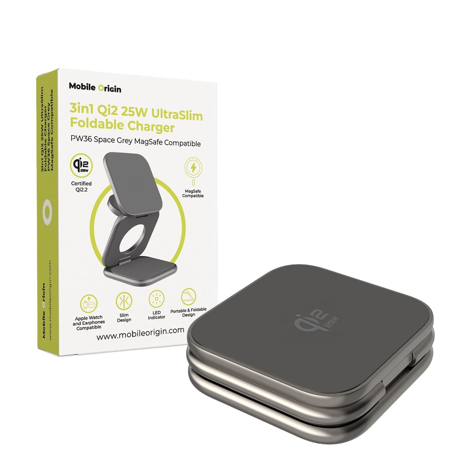 Mobile Origin 3in1 Qi2 25w Ultraslim Foldable Charger Pw36 Magsafe Compatible Space Grey - Handys Adapter Und Ladegeraete