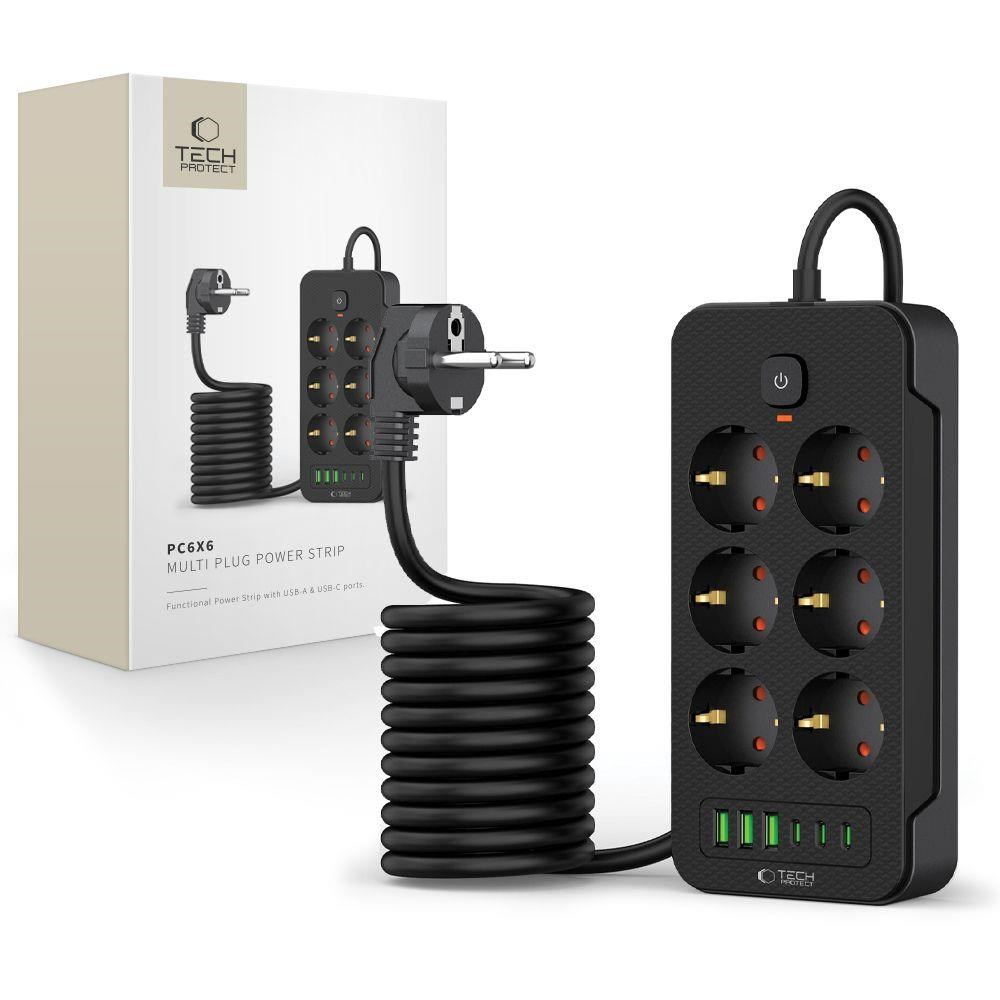 Tech-protect Power Strip Pc6x6 6 Sockets 240v + 3xusb-a + 3xusb-c 200cm - Black - Handys Adapter Und Ladegeraete