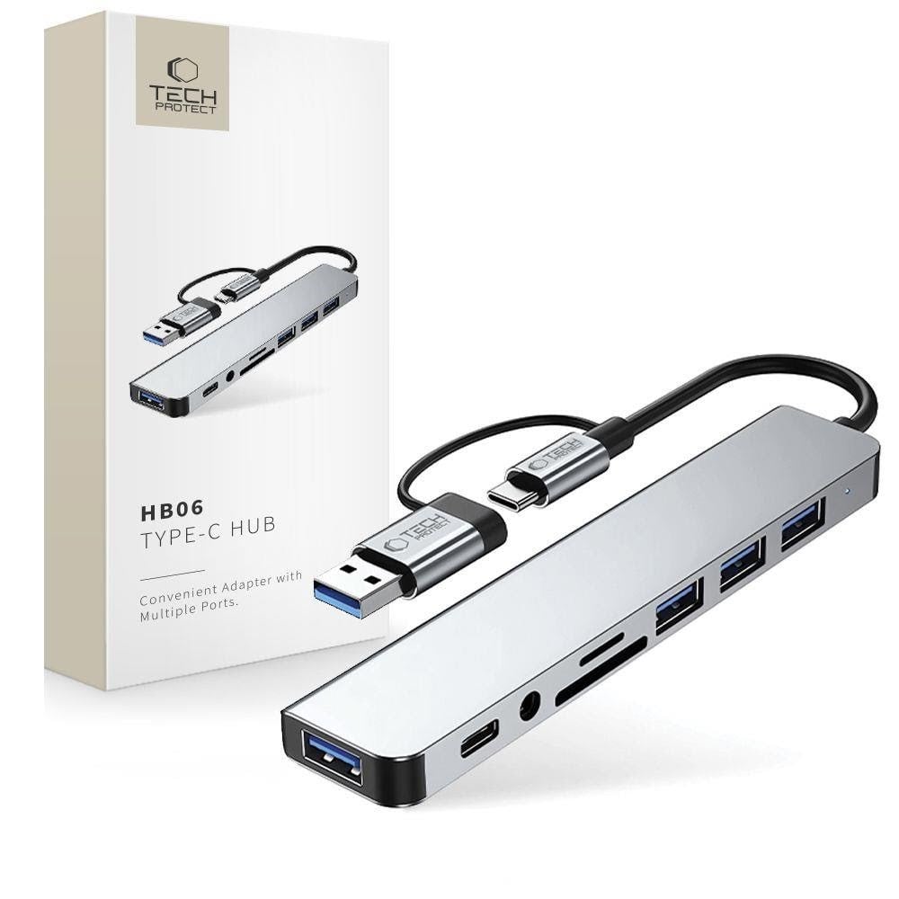 Tech-protect Hb06 Hub Adapter 8in1 Type-c + Usb2.0 + Usb3.0 + Sd/tf + Av3.5 - Grey Usb-hubs - Usb 2.0 - 8 Anschlüsse - Grau - Usb Hubs