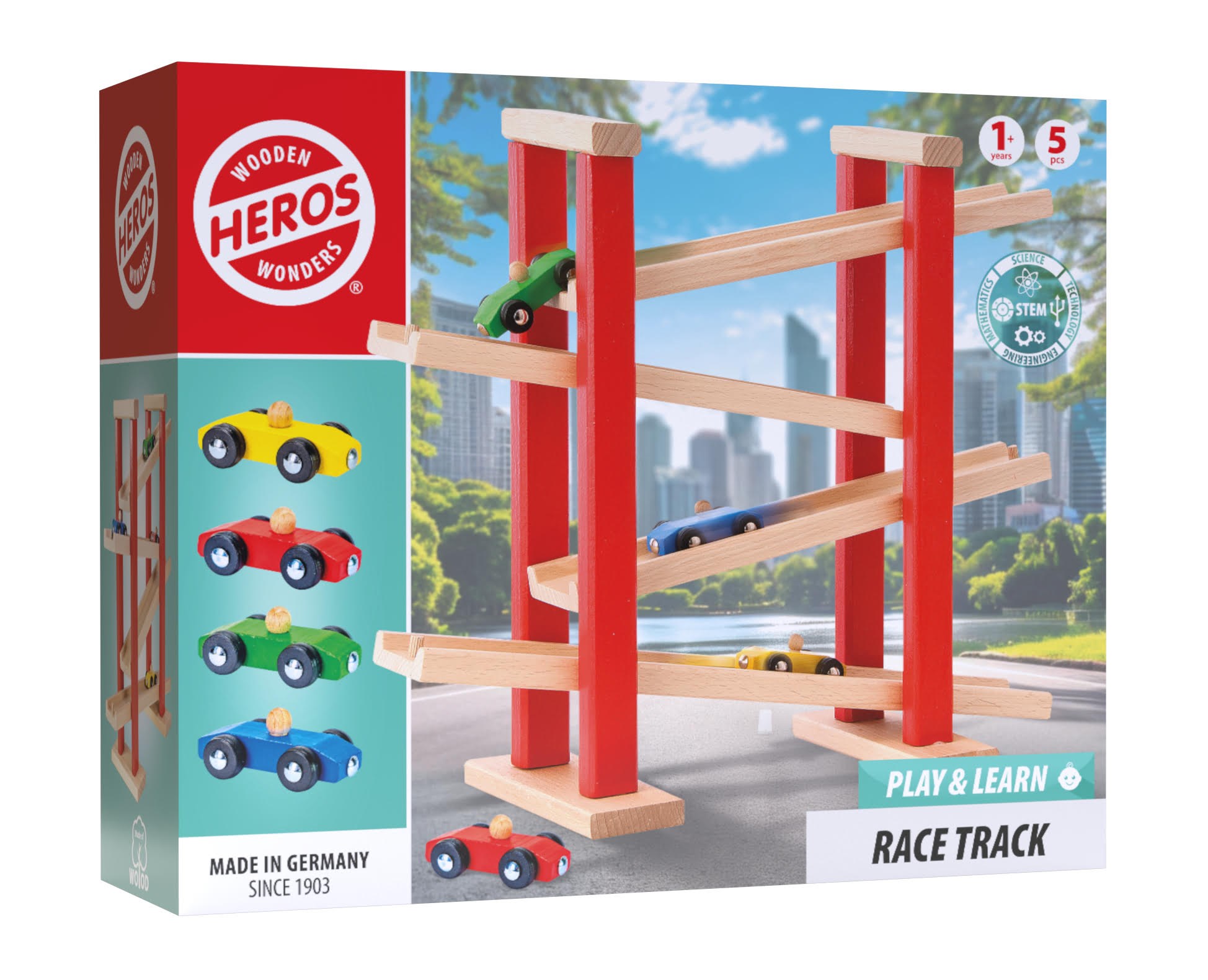 Heros Play & Learn - Holz-rennstrecke Mit 4 Autos - Holzspielzeug