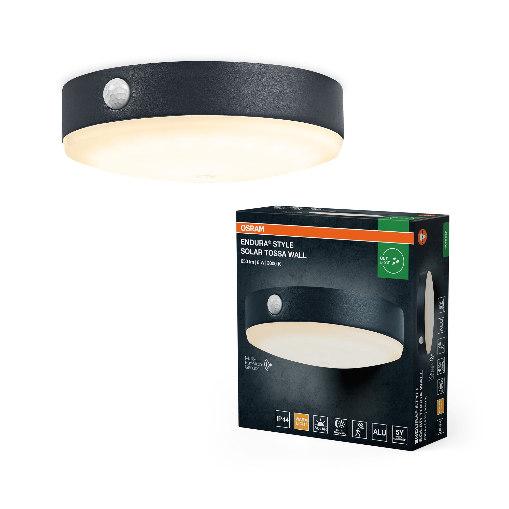 Osram Endura Style Solar Tossa Wall 650lm 3.6w/830 130mm Dark Grey - Lampen