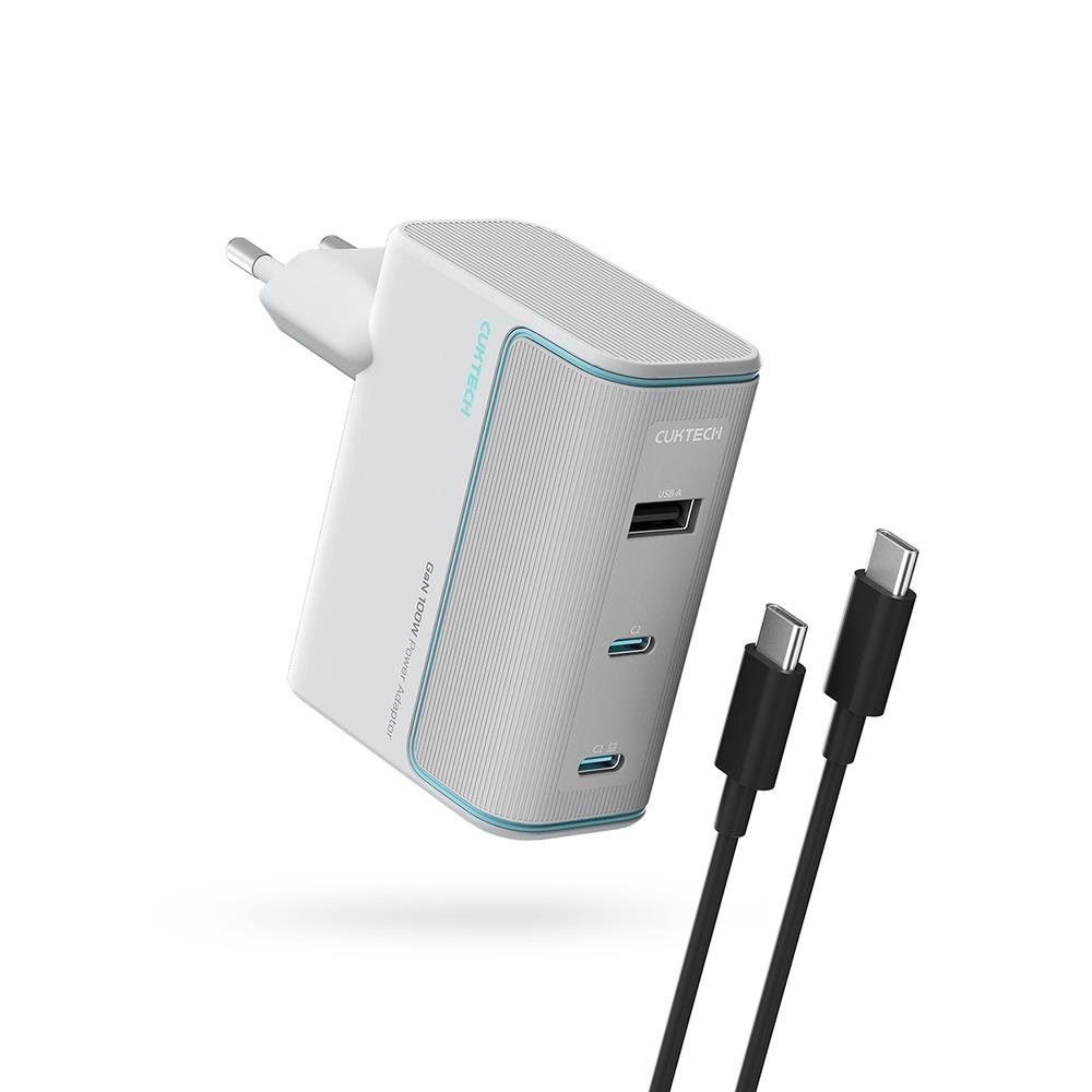 Cuktech Ad1003eu 100w Gan 2x Usb-c + Usb-a Wall Charger With Cable - White - Handys Adapter Und Ladegeraete