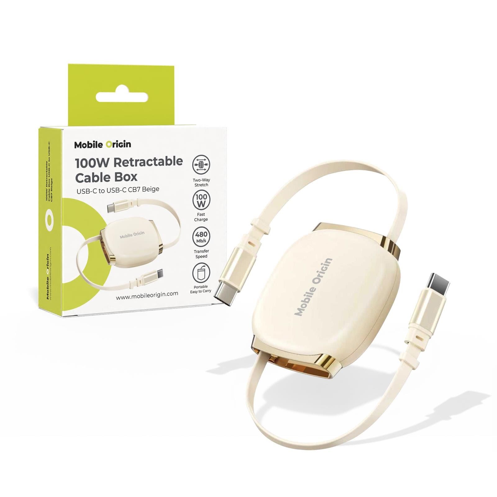 Mobile Origin 100w Retractable Cable Box Usb-c to Usb-c Cb7 Beige - Usb Kabel Mo-cb7-bg