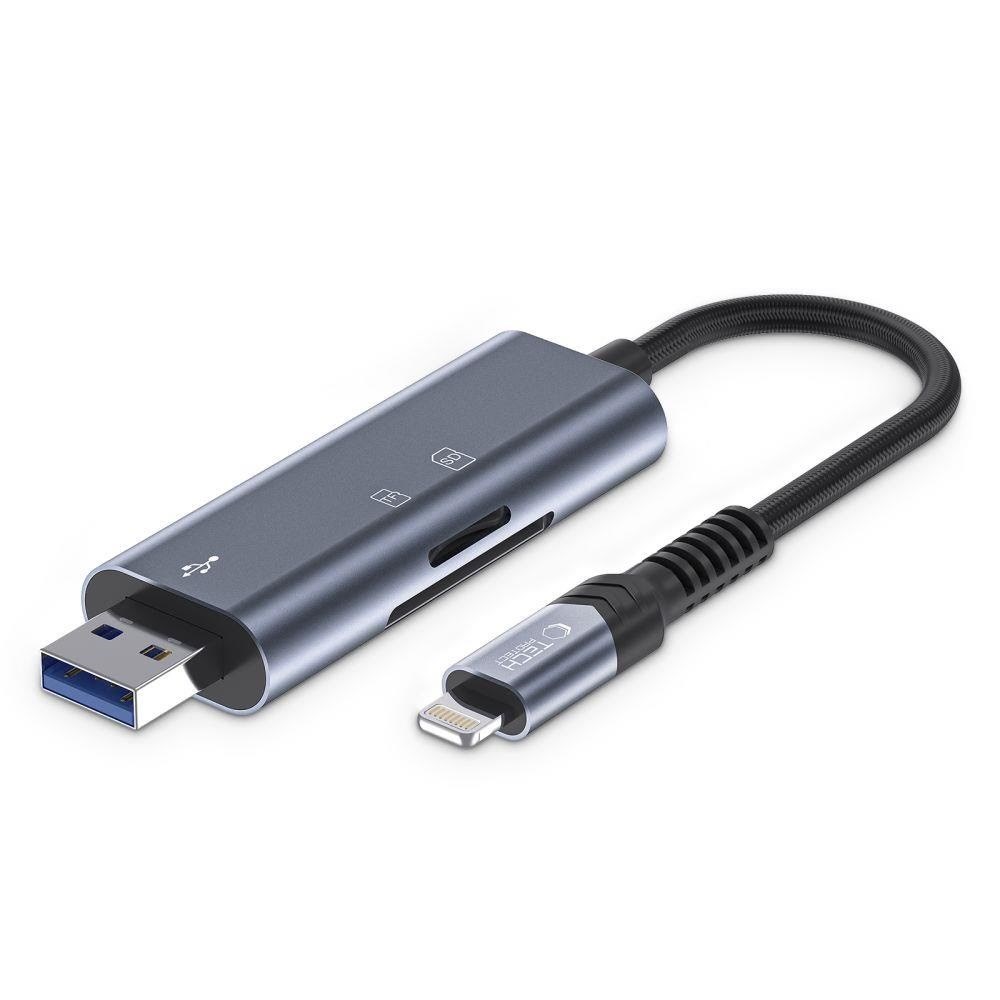 Tech-protect Ultraboost SD / Micro SD Card Reader With Lightning / Usb-a Connector - Grey Usb-hubs - Usb 2.0 - 3 - Grau - Usb Hubs 5906302307845