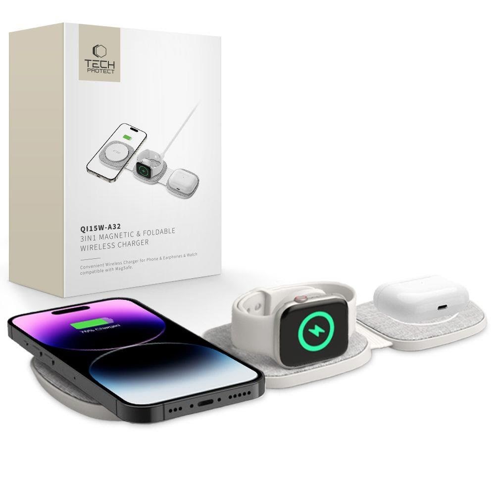 Tech-protect Qi15w-a32 3in1 Inductive Charger With Magsafe For Smartphone / Apple Watch / Airpods - Grey - Handys Adapter Und Ladegeraete