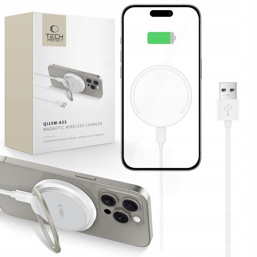 Tech-protect Qi15w-a33 Inductive Charger With Magsafe And Stand With Usb-a / Usb-c Cable - White - Handys Adapter Und Ladegeraete 5906302308330
