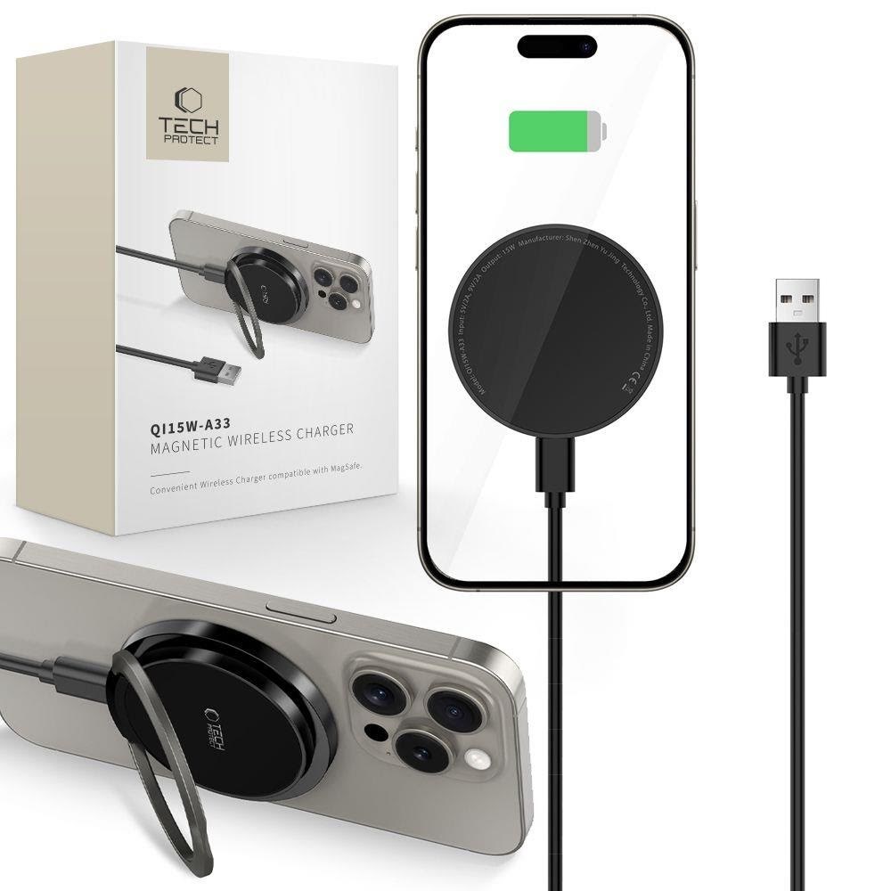Tech-protect Qi15w-a33 Inductive Charger With Magsafe And Stand With Usb-a / Usb-c Cable - Black - Handys Adapter Und Ladegeraete