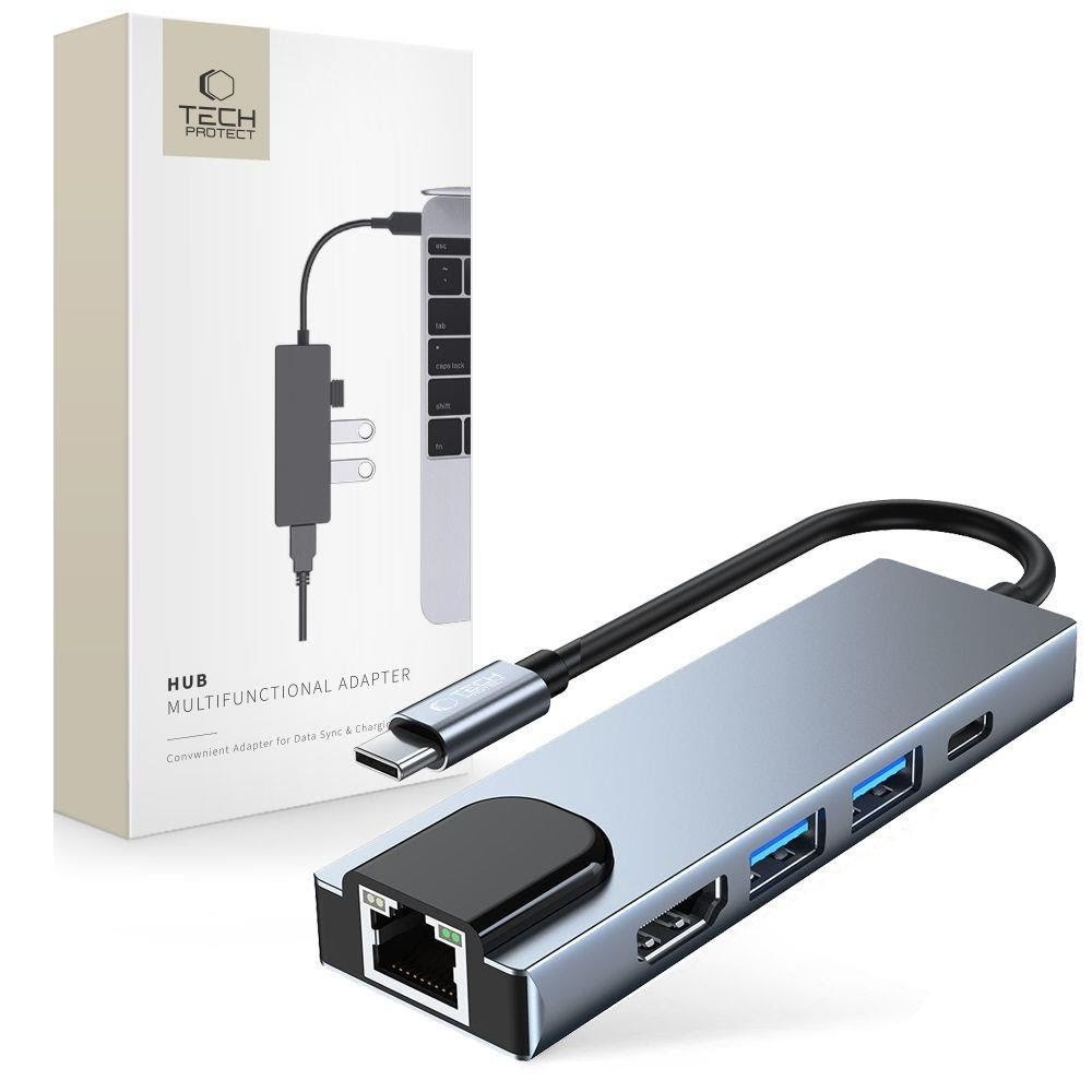 Tech-protect V3 5in1 Usb-c - Usb-a 3.0 / Usb-a 2.0 / Usb-c / Hdmi / Rj45 - Grey Usb-hubs - Usb 2.0 - 6 - Grau - Usb Hubs