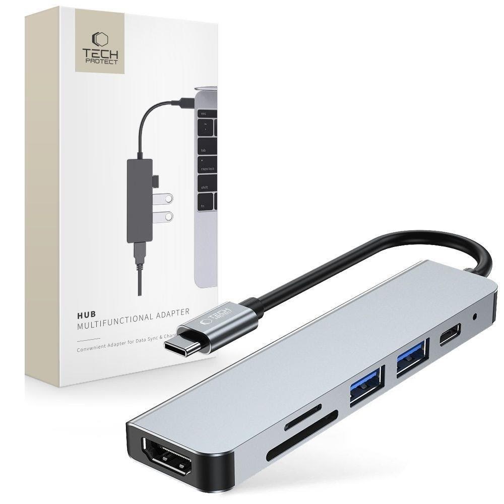 Tech-protect V4 6in1 Usb-c - Usb-a 3.0 / Usb-a 2.0 / Usb-c / Hdmi / Micro SD / TF / SD Card Reader - Gray Usb-hubs - Usb 2.0 - 6 - Grau - Usb Hubs 