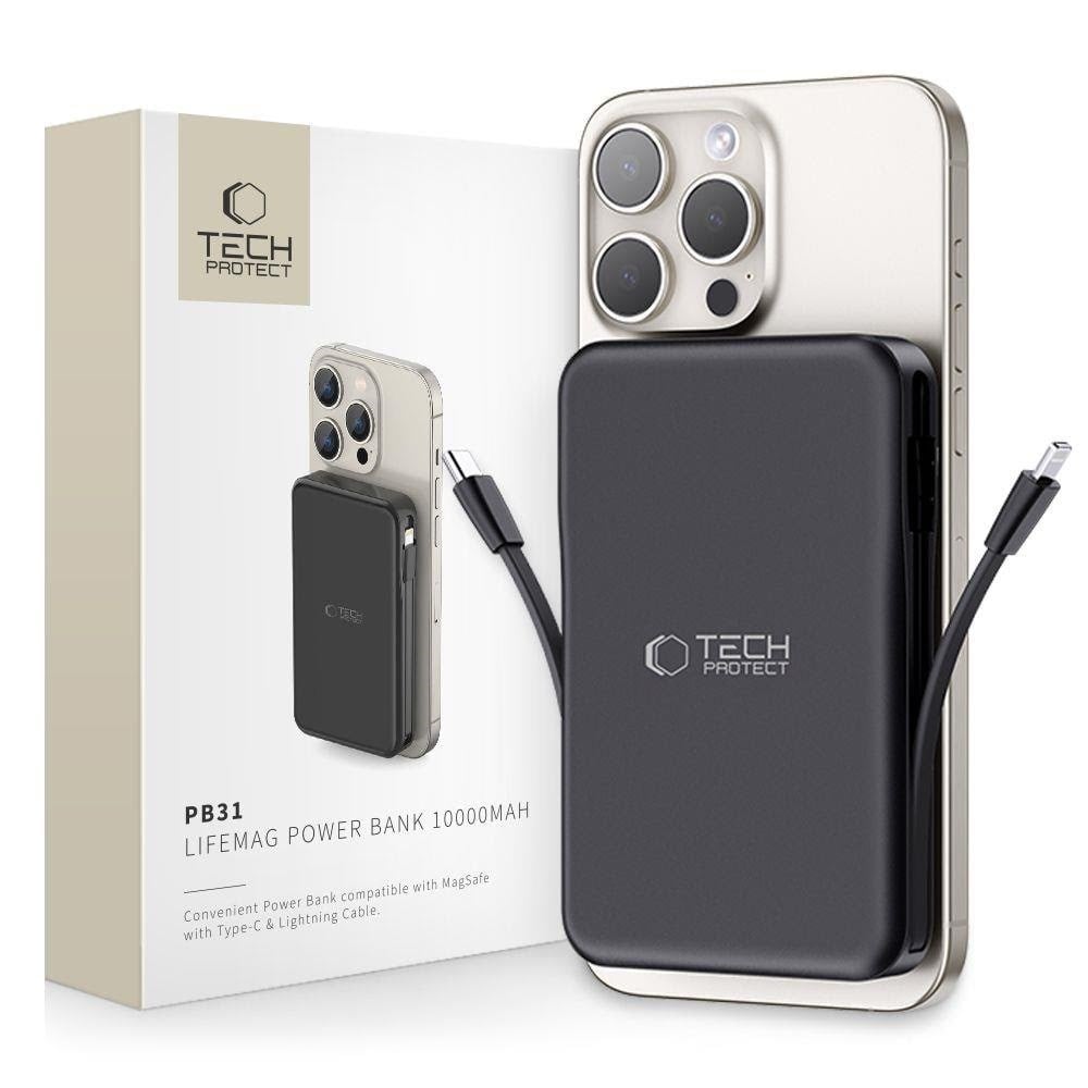Tech-protect Lifemag Pb31 Power Bank With Magsafe 10000mah 15w Usb-c / Usb-a / Built-in Usb-c / Lightning Cables - Black - 10000 Mah - Powerbank Akku