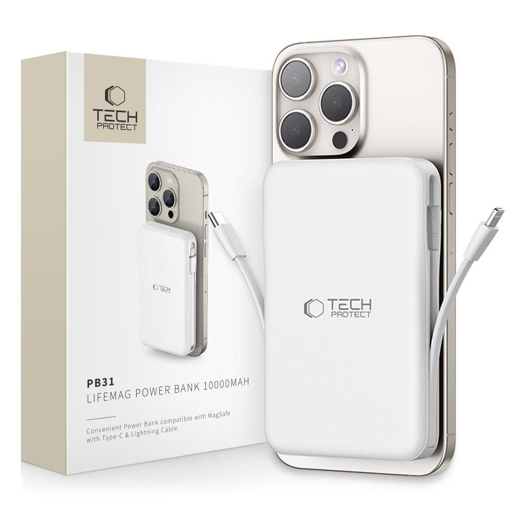 Tech-protect Lifemag Pb31 Power Bank With Magsafe 10000mah 15w Usb-c / Usb-a / Built-in Usb-c / Lightning Cables - White - 10000 Mah - Powerbank Akku 