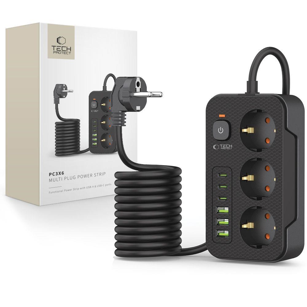 Tech-protect Power Strip Pc3x6 3 Sockets 240v + 3xusb-a + 3xusb-c 200cm - Black - Handys Adapter Und Ladegeraete