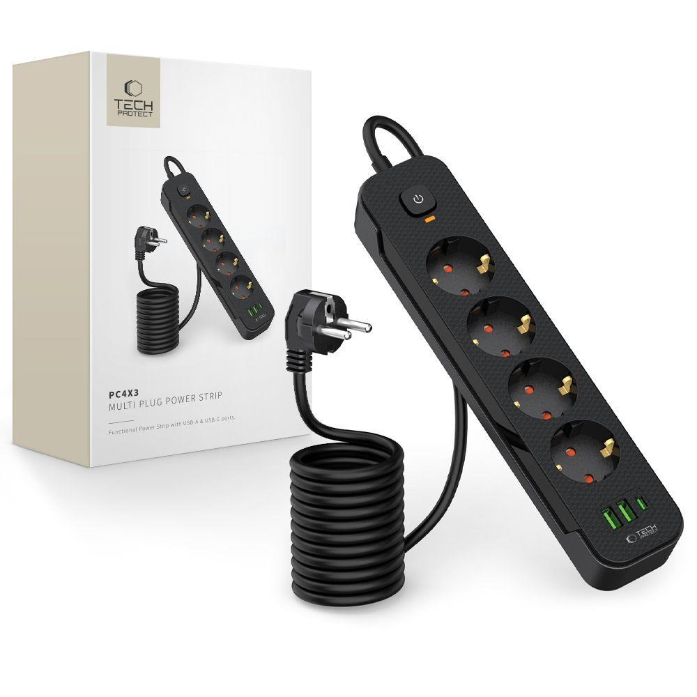 Tech-protect Pcl4x3 Power Strip 4 Sockets 240v + 2xusb-a + 1xusb-c 200 cm - Black - Handys Adapter Und Ladegeraete