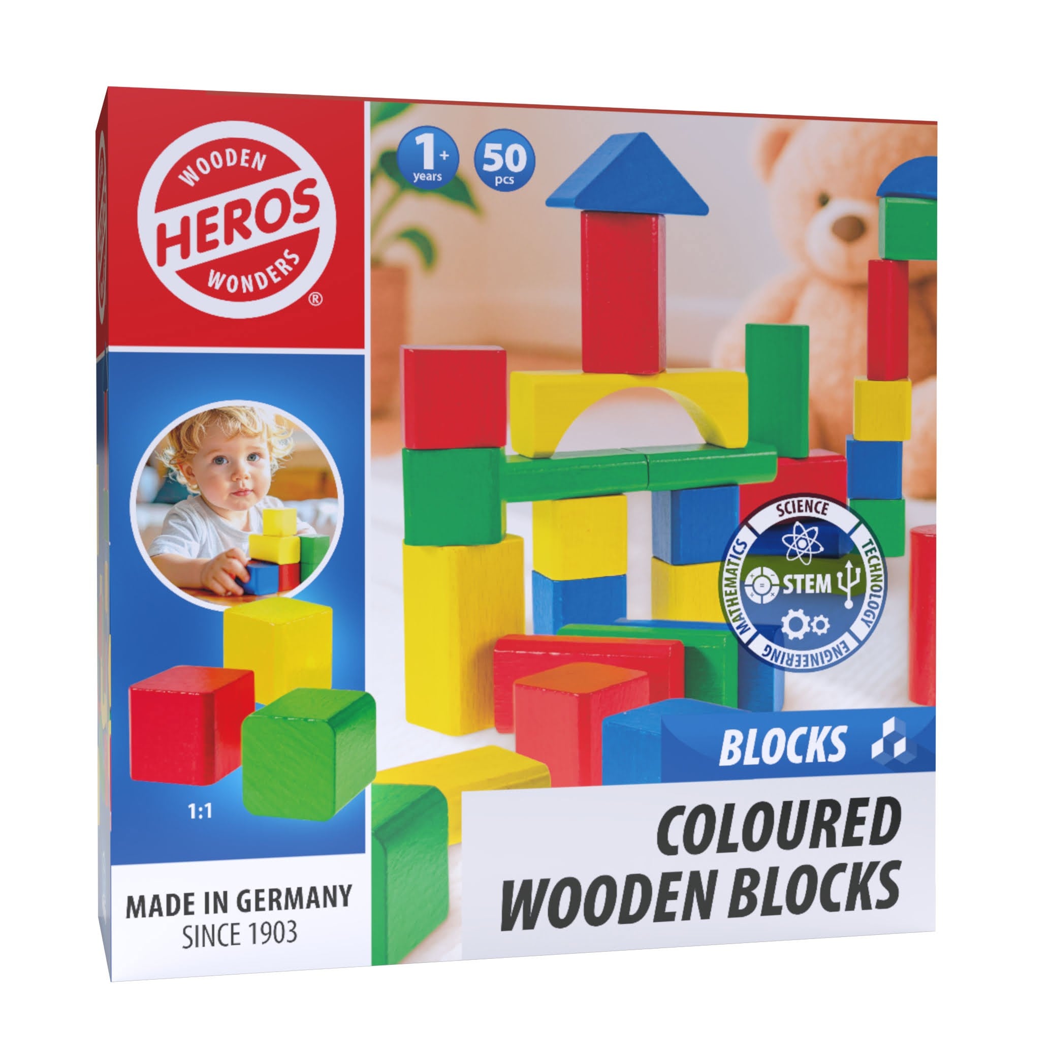 Heros Blocks Coloured Wooden Blocks 50pcs Compact - Bausets He0002