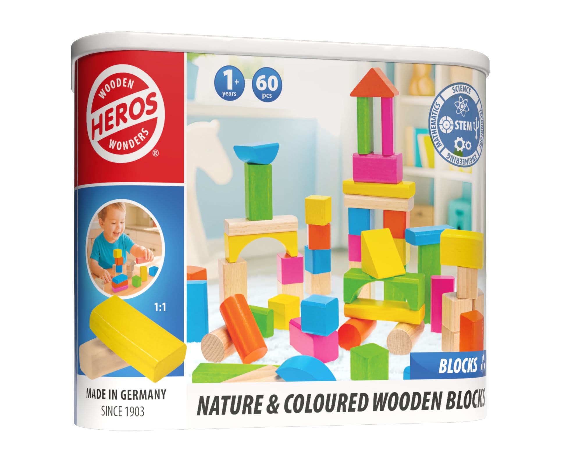 Heros Bausteine - Natur- & Farbige Holzbausteine, 60 Stück - Bausets He0004