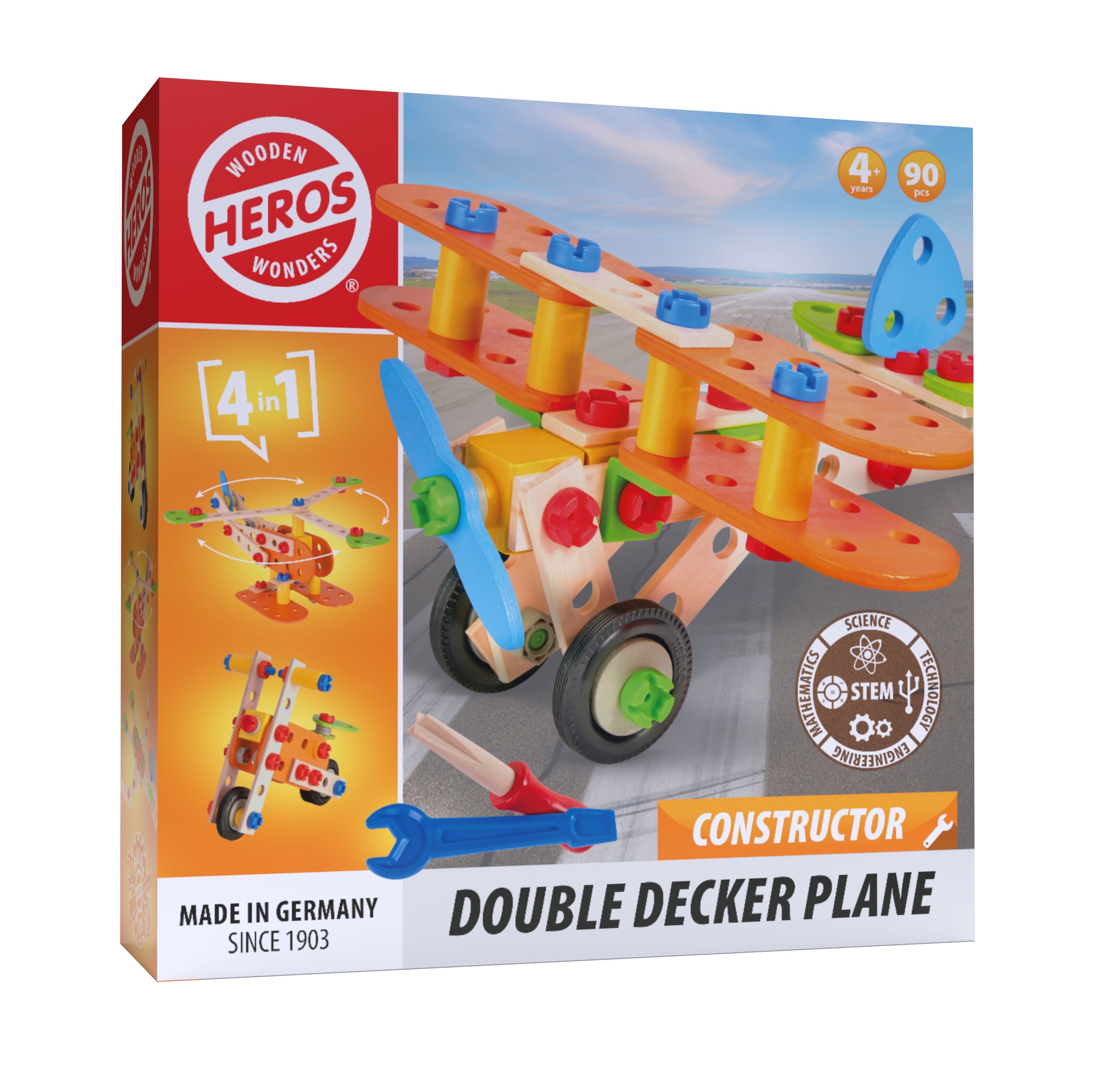 Heros Konstruktionsspielzeug - 4-in-1, Doppeldeckerflugzeug, 90 Teile - Bausets He0008
