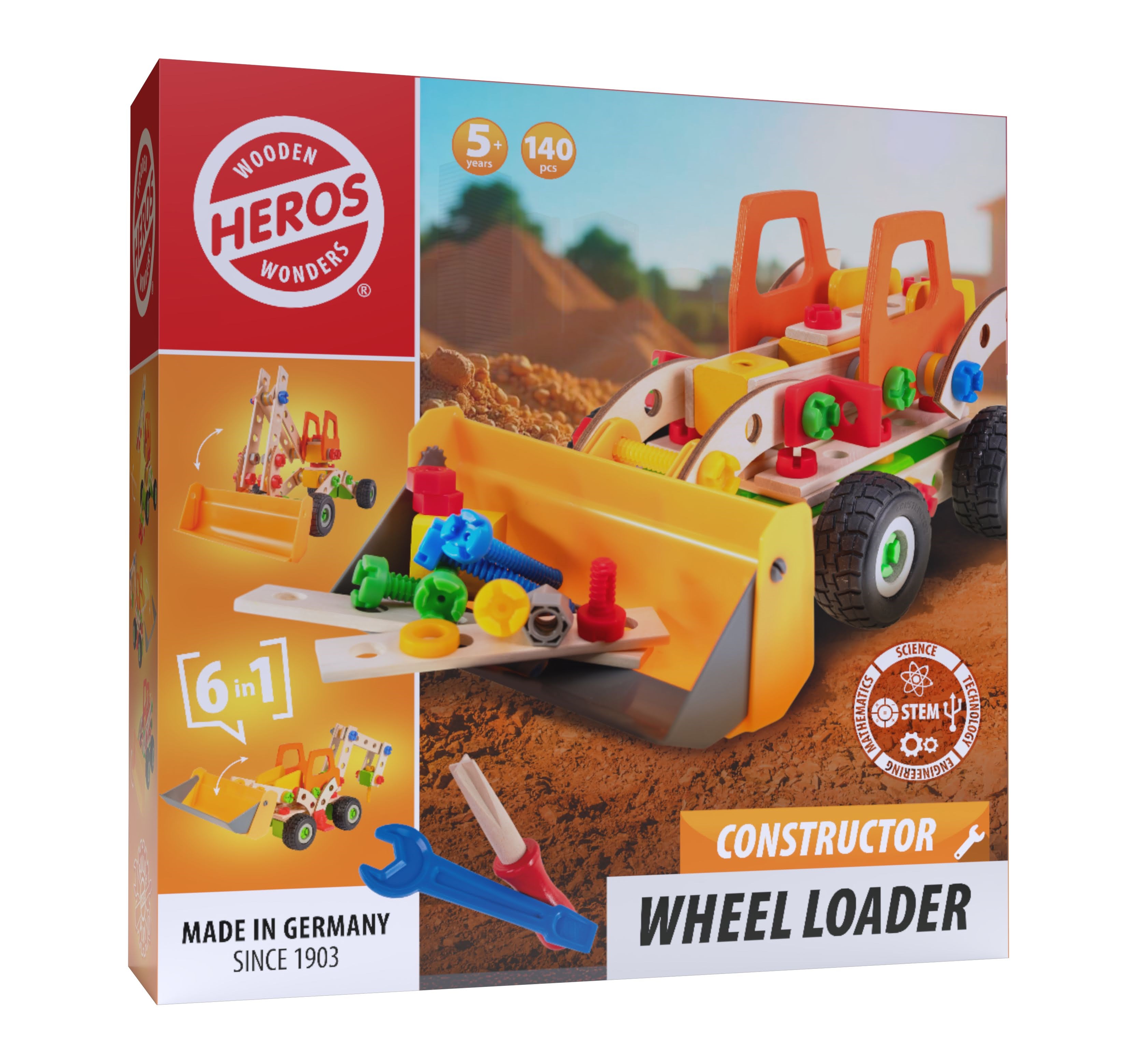 Heros Konstruktionsspielzeug - 6-in-1, Radlader, 140 Teile - Bausets