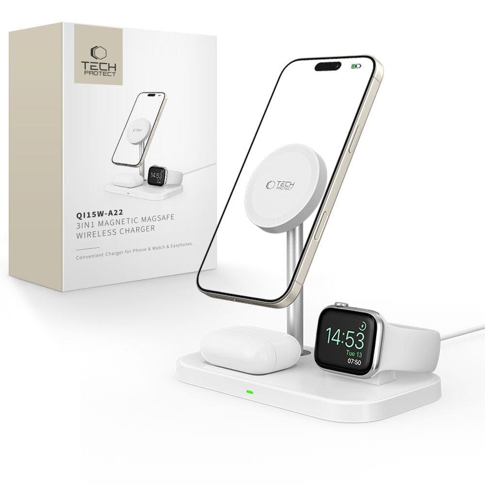Tech-protect Qi15w-a22 Inductive Magsafe Charger With 3in1 Magsafe Stand For Smartphone / Apple Watch / Airpods - White - Handys Adapter Und 