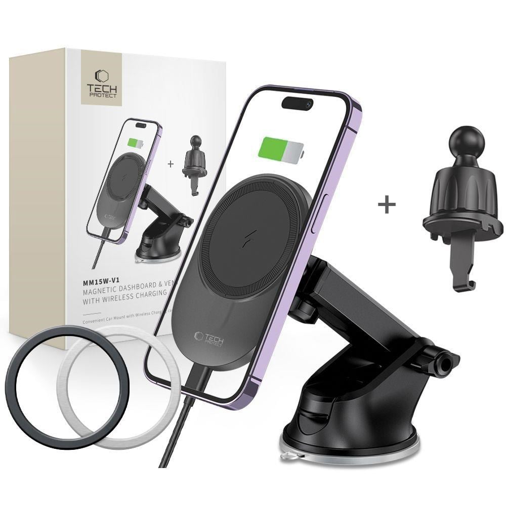 Tech-protect Mm15w-v1 Car Phone Holder With Magsafe 15w Inductive Charger For Cockpit / Air Vent - Black - Handys Adapter Und Ladegeraete