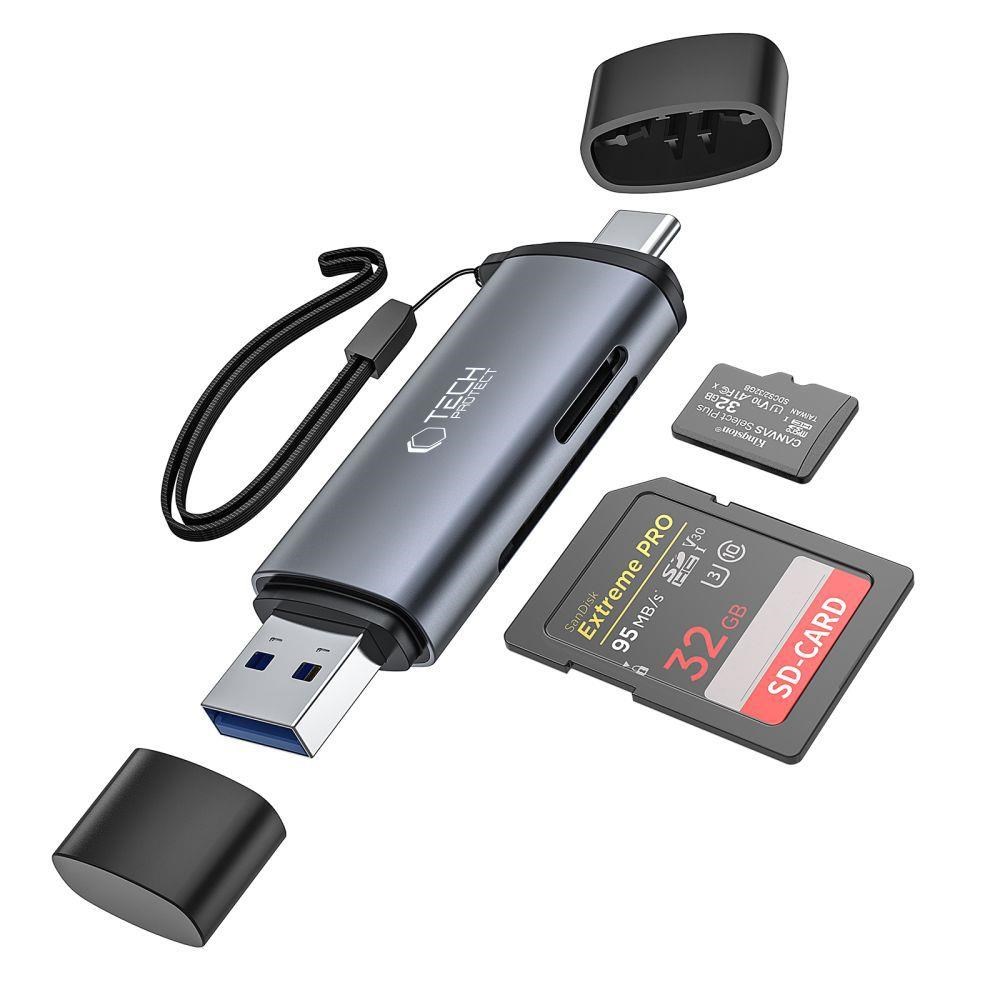 Tech-protect Ultraboost SD / Micro SD Card Reader With Usb-c / Usb-a Connectors - Grey Usb-hubs - Usb 3.0 - 4 - Grau - Usb Hubs
