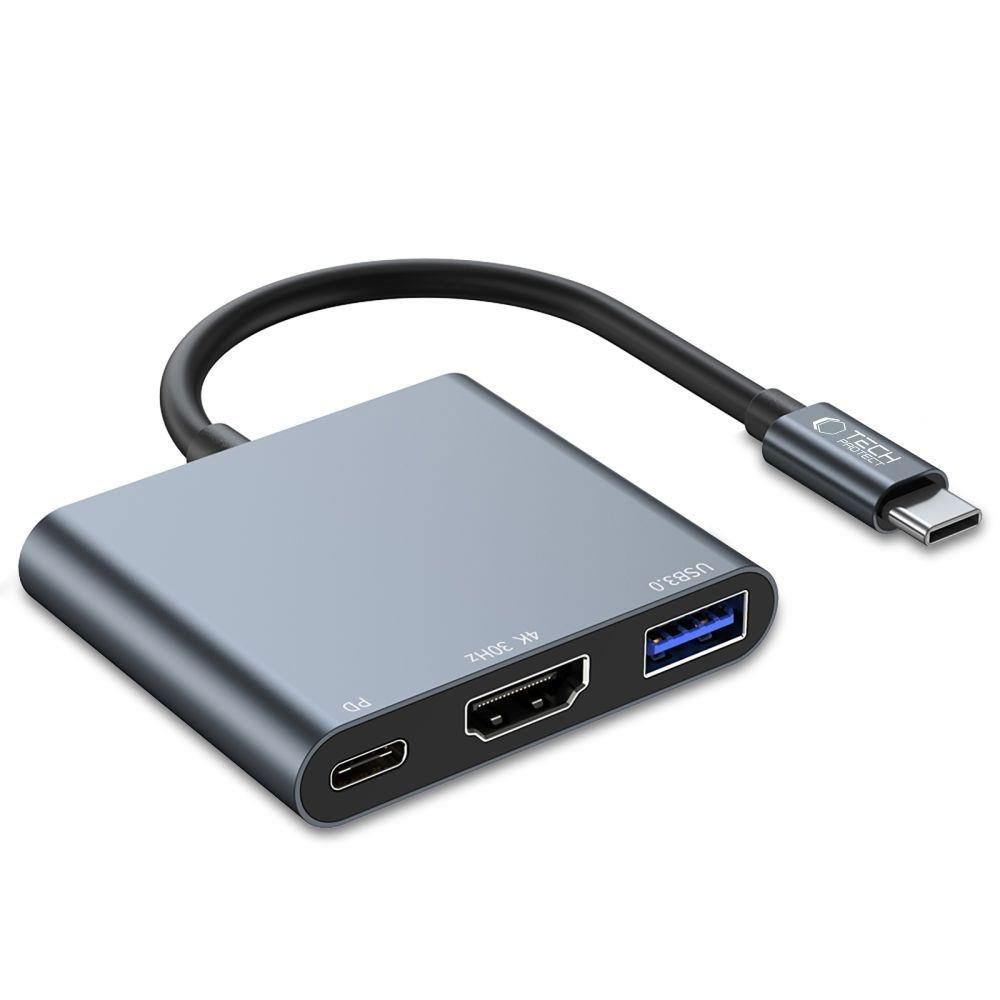 Tech-protect V1 3in1 Usb-c - Usb-a 3.0 / Usb-c PD 100w / Hdmi 4K 30hz - Grey Usb-hubs - Usb 3.0 - 3 - Grau - Usb Hubs
