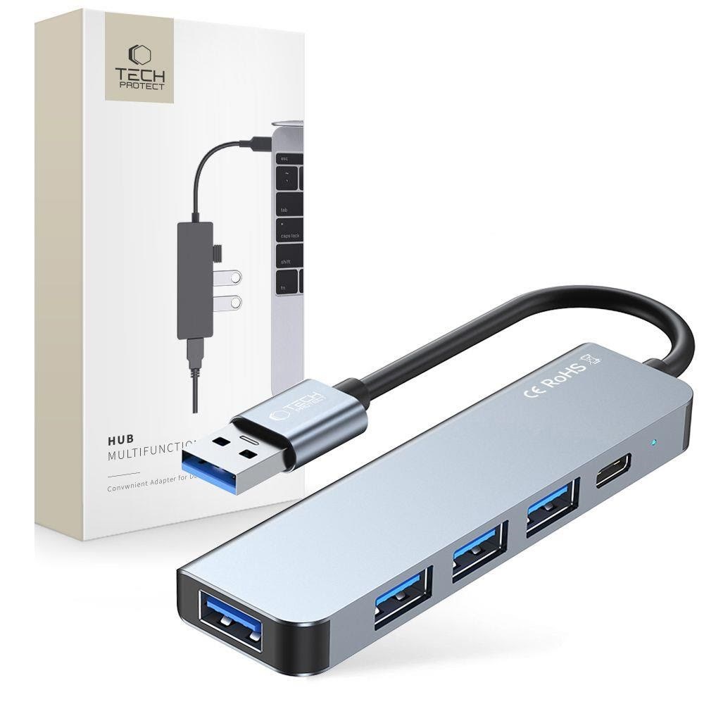 Tech-protect Hub V0 5in1 Usb-a - Usb-a 3.0 / 3x Usb-a 2.0 / Usb-c - Grey Usb-hubs - Usb 2.0 - 5 - Grau - Usb Hubs 9490713935255
