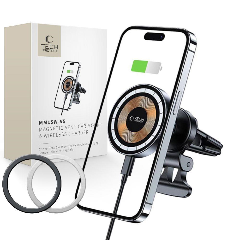 Tech-protect Mm15w-v5 Car Phone Holder With Magsafe 15w Inductive Charger For Air Vent - Black - Handys Adapter Und Ladegeraete