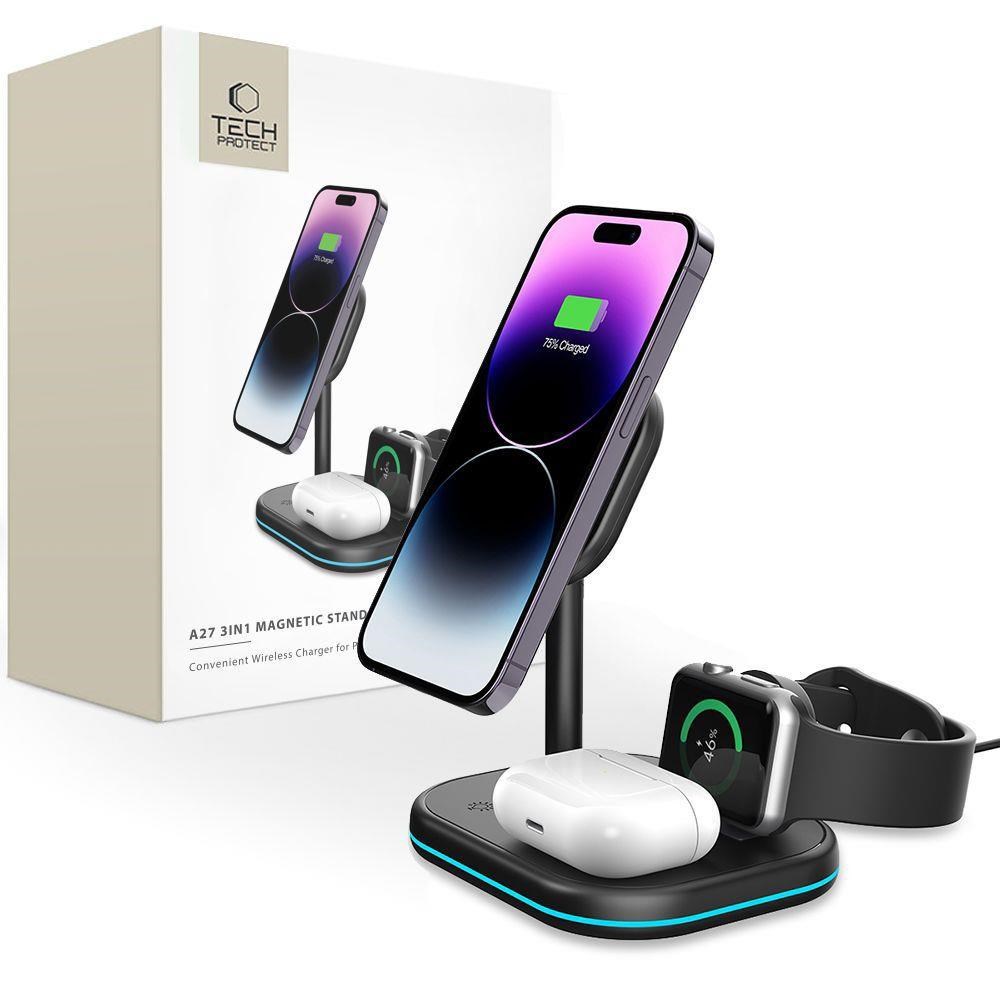 Tech-protect Qi15w-a27 3in1 Inductive Charger With Magsafe Stand For Smartphone / Apple Watch / Airpods - Black - Handys Adapter Und Ladegeraete
