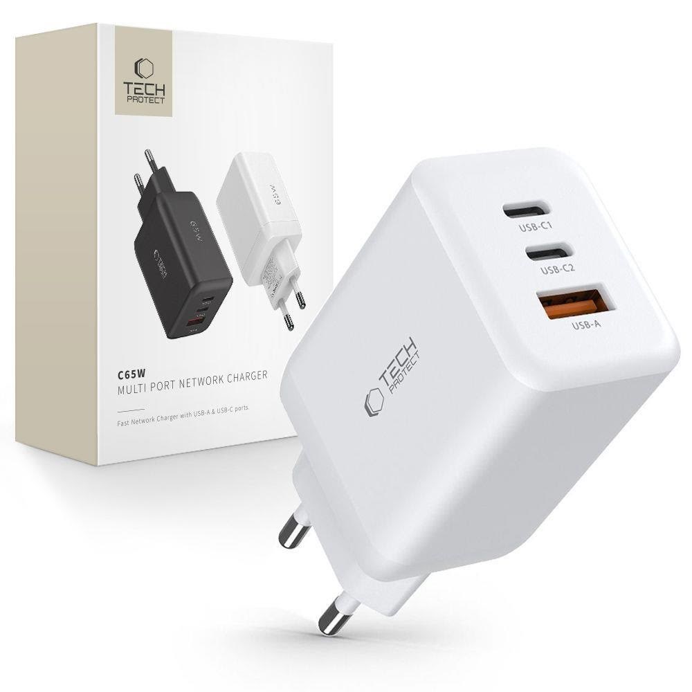 Tech-protect C65w AC Charger 2x Usb-c PD 65w / Usb-a QC 3.0 - White - Handys Adapter Und Ladegeraete 9490713934517
