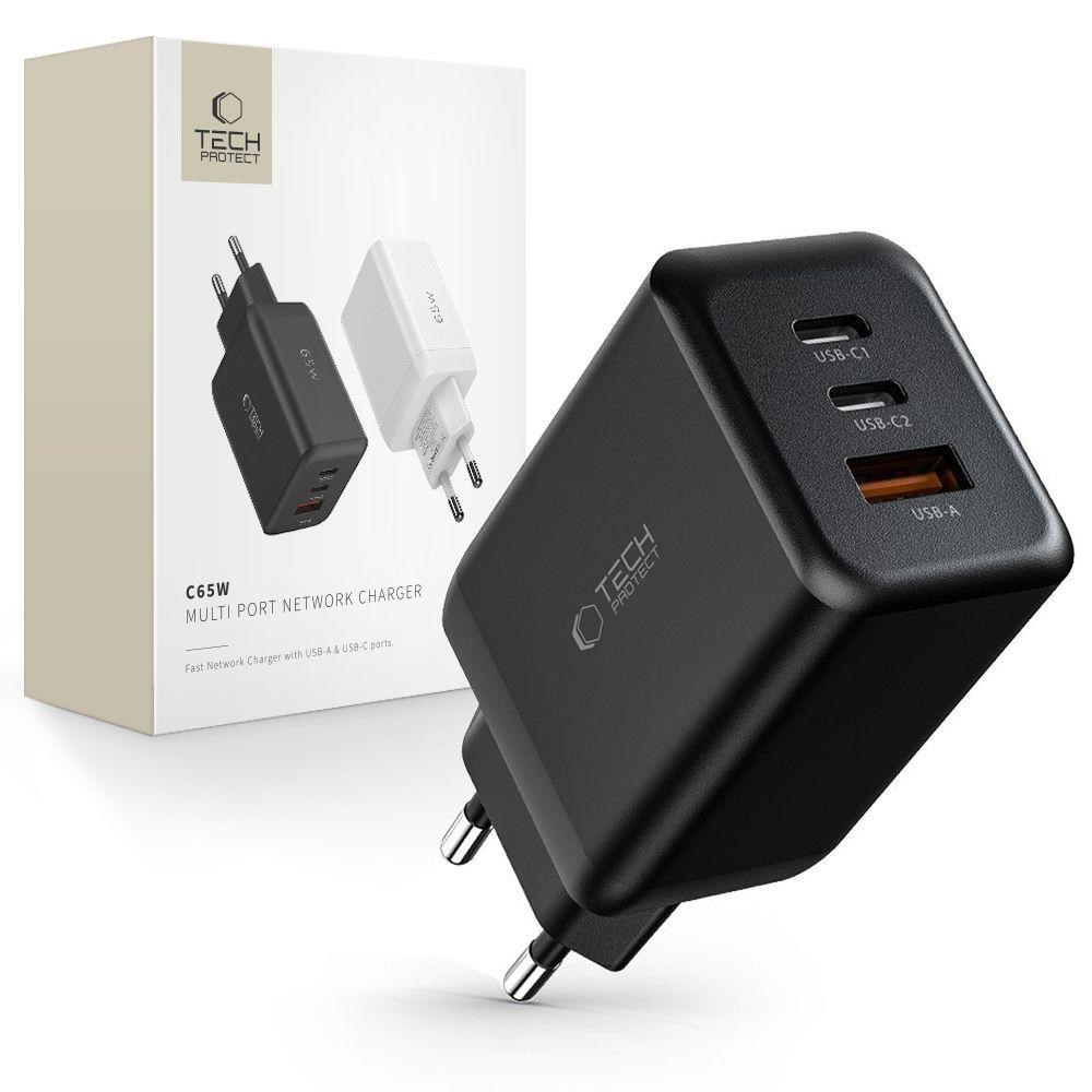 Tech-protect C65w AC Charger 2x Usb-c PD 65w / Usb-a QC 3.0 - Black - Handys Adapter Und Ladegeraete 9490713934524