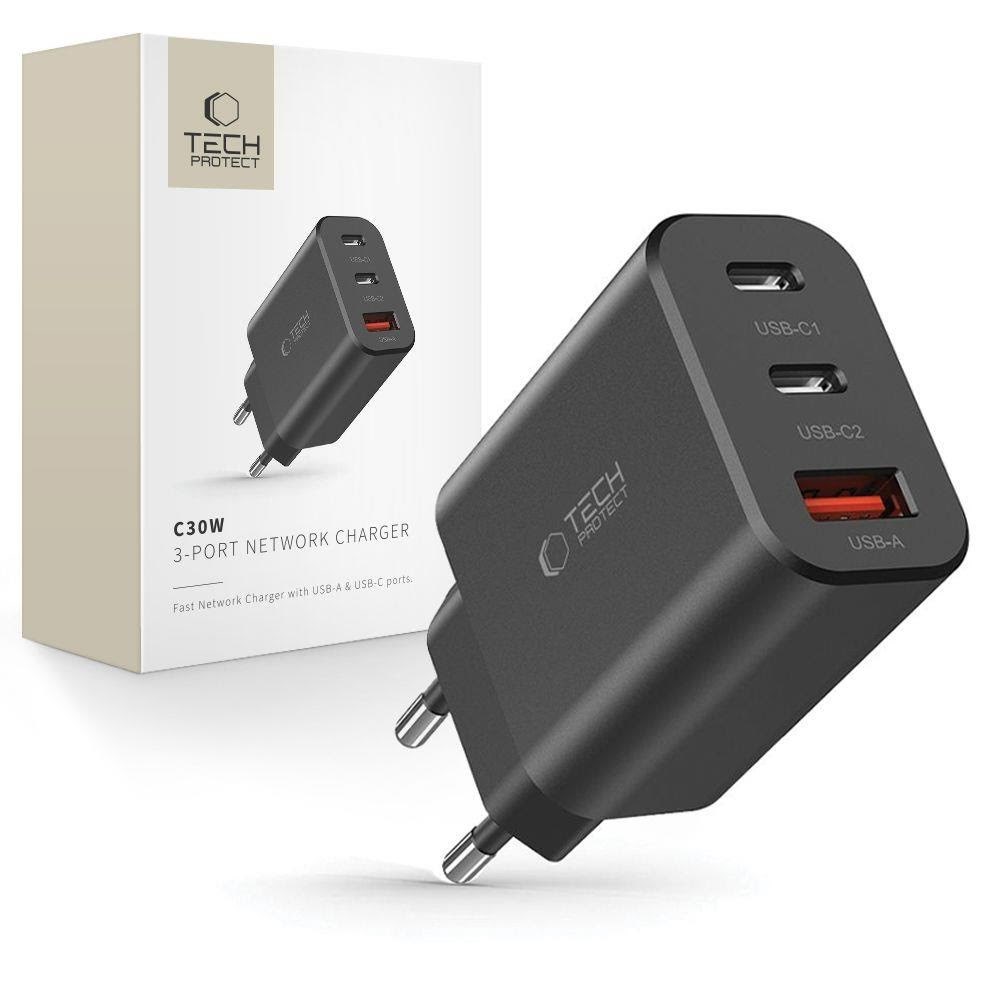 Tech-protect Nc30w AC Charger 2x Usb-c PD 30w / Usb-a QC 3.0 - Black - Handys Adapter Und Ladegeraete