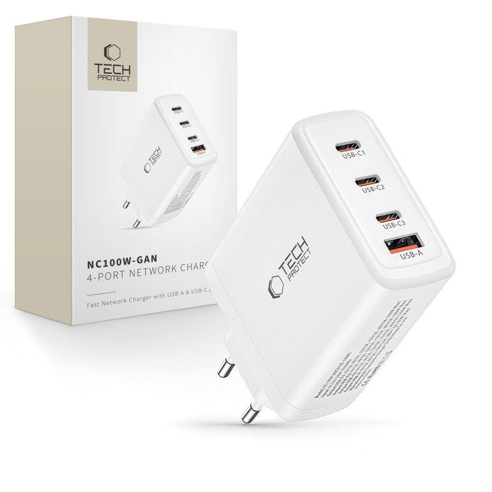 Tech-protect Nc100w-gan Gan 3x Usb-c PD 100w / Usb-a QC 3.0 Charger - White - Handys Adapter Und Ladegeraete