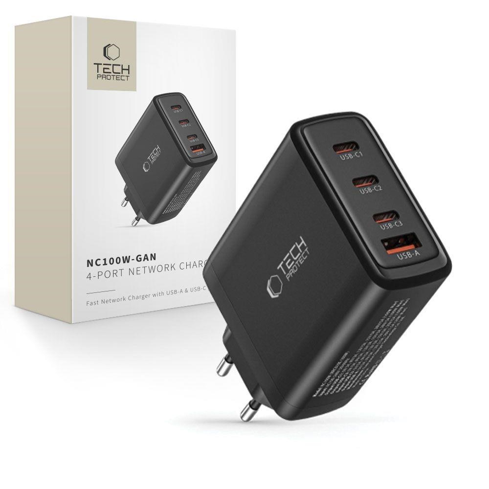 Tech-protect Nc100w-gan Gan 3x Usb-c PD 100w / Usb-a QC 3.0 Charger - Black - Handys Adapter Und Ladegeraete 9490713935101