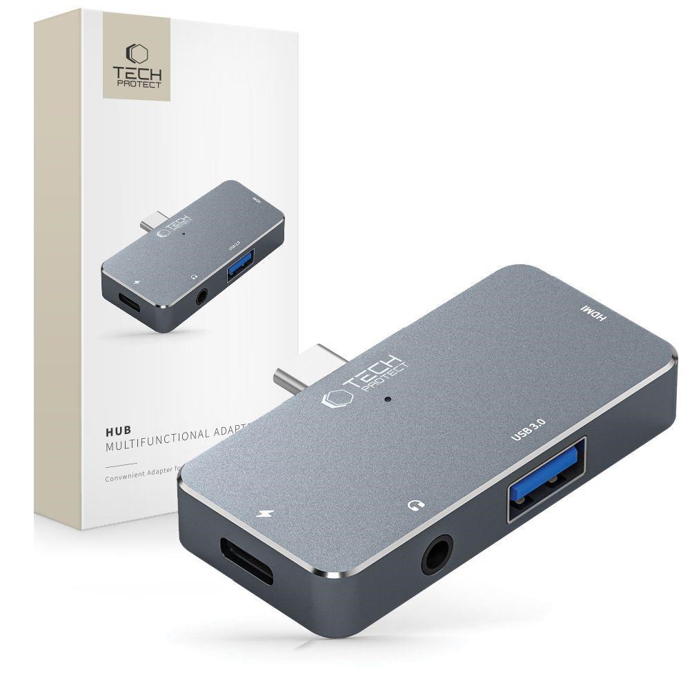 Tech-protect Hub V6 4in1 Usb-c - Usb-a 3.0 / Usb-c Pd100w / Hdmi / Mini Jack 3.5mm - Grey Usb-hubs - Usb 3.0 - 4 - Grau - Usb Hubs 9490713931585