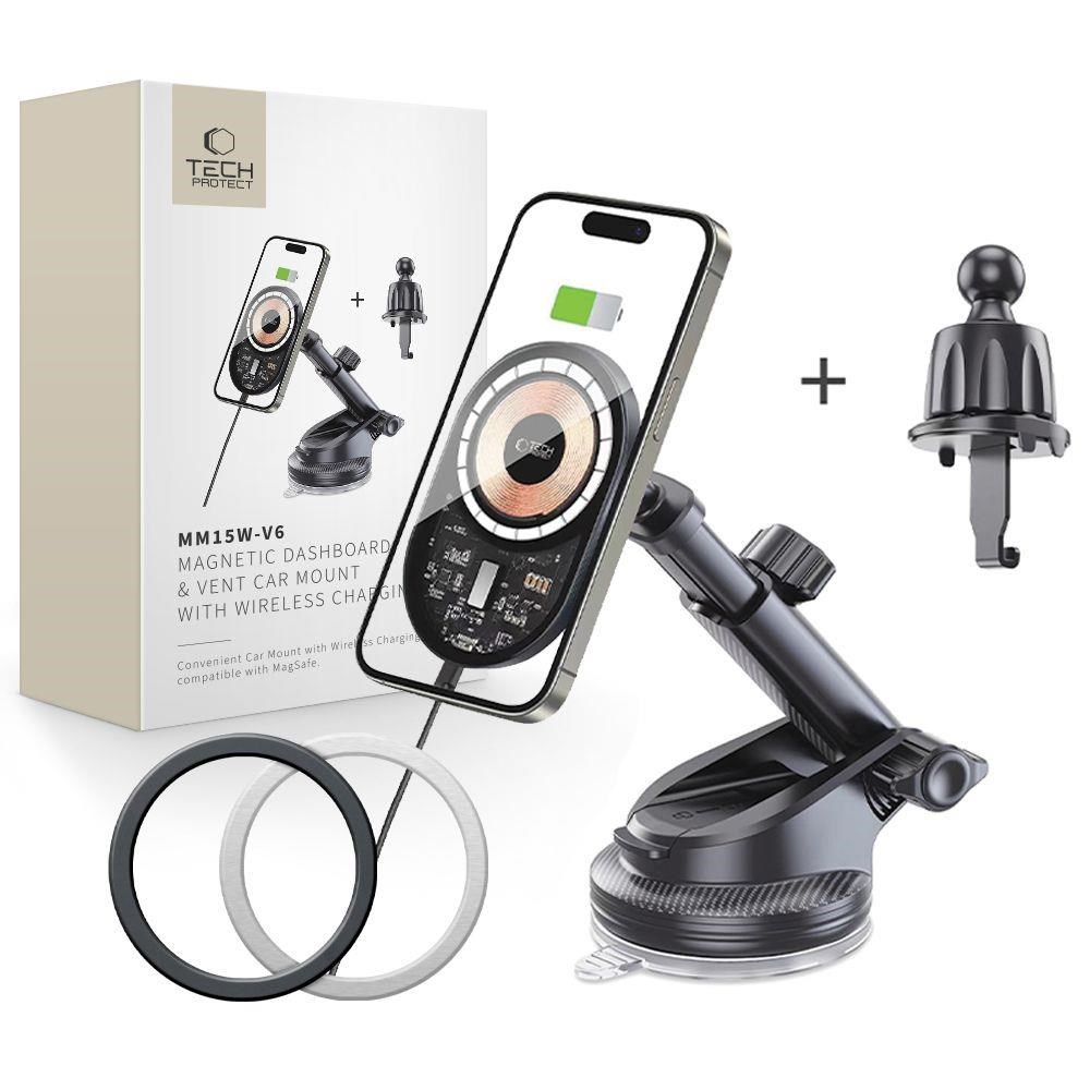 Tech-protect Car Mount With 15w Mm15w-v6 Charger With Magsafe For Dashboard And Air Vent - Black - Handys Adapter Und Ladegeraete 5906302313372