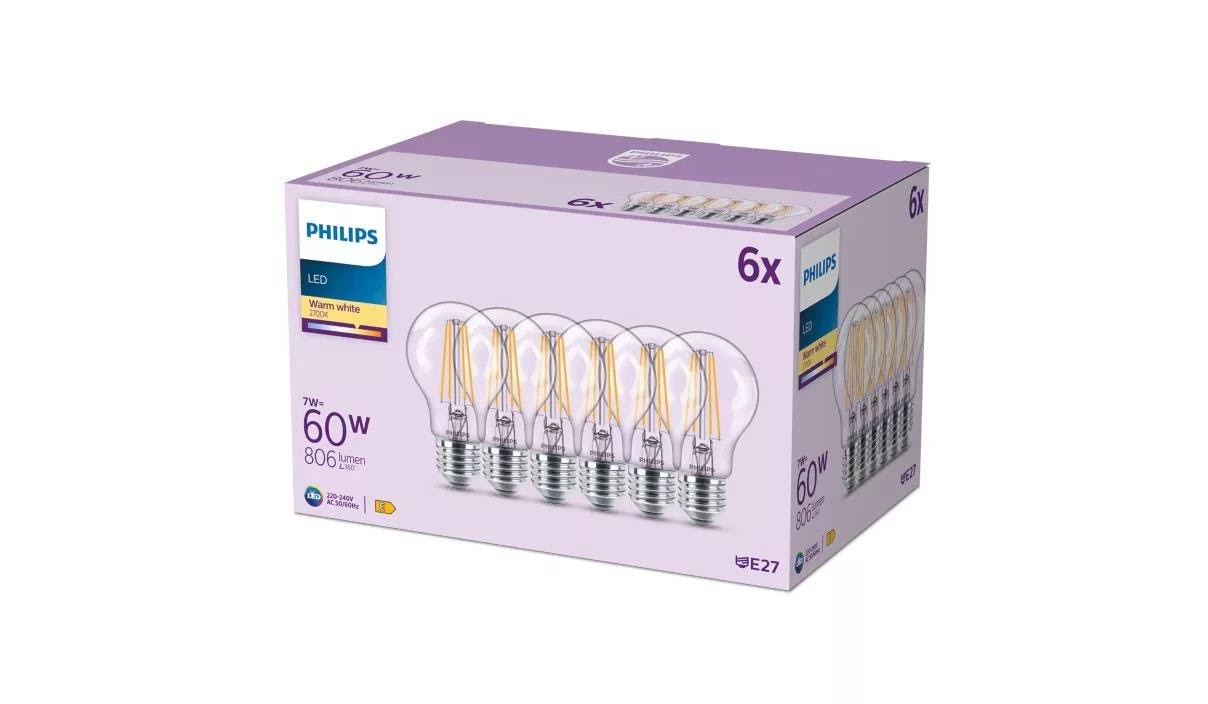 Philips Led-lampe A60 7w/827 (60w) Clear 6-pack E27 - Led Birnen 929001387398