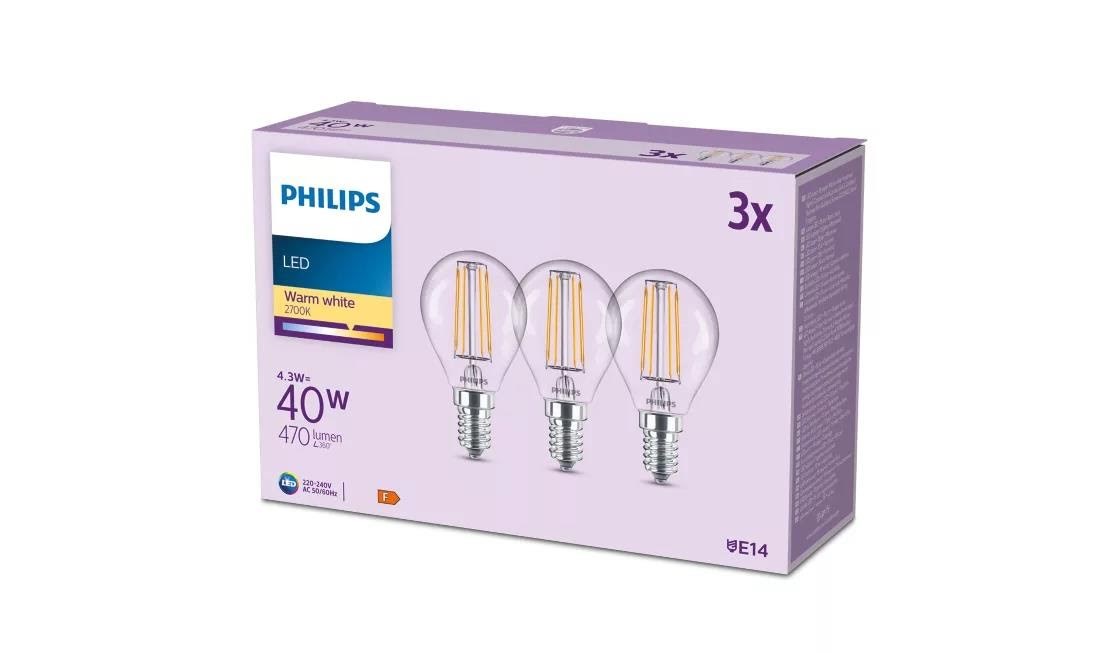 Philips Led-lampe P45 4,3w/827 (40w) Clear 3-pack E14 - Led Birnen