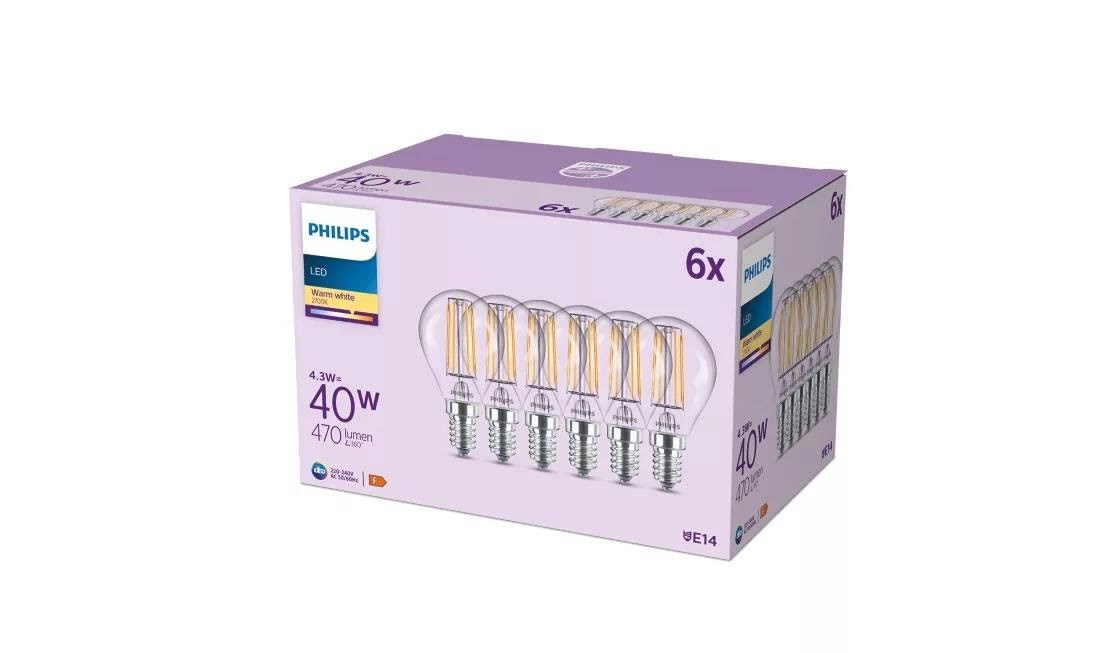 Philips Led-lampe P45 4,3w/827 (40w) Clear 6-pack E14 - Led Birnen 929001890494