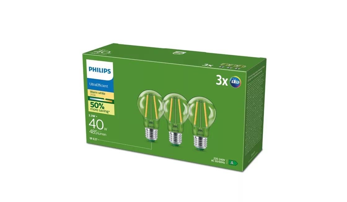 Philips Led-lampe Ultra Efficient A60 2.3w/827 (40w) Clear 3-pack E27 - Led Birnen 929003622793