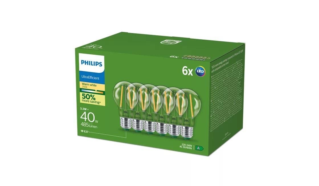 Philips Led Filament-magnetic Light Bulb Ultra Efficient A60 2,3w/827 (40w) Clear 6-pack E27 - Led Birnen 929003622794