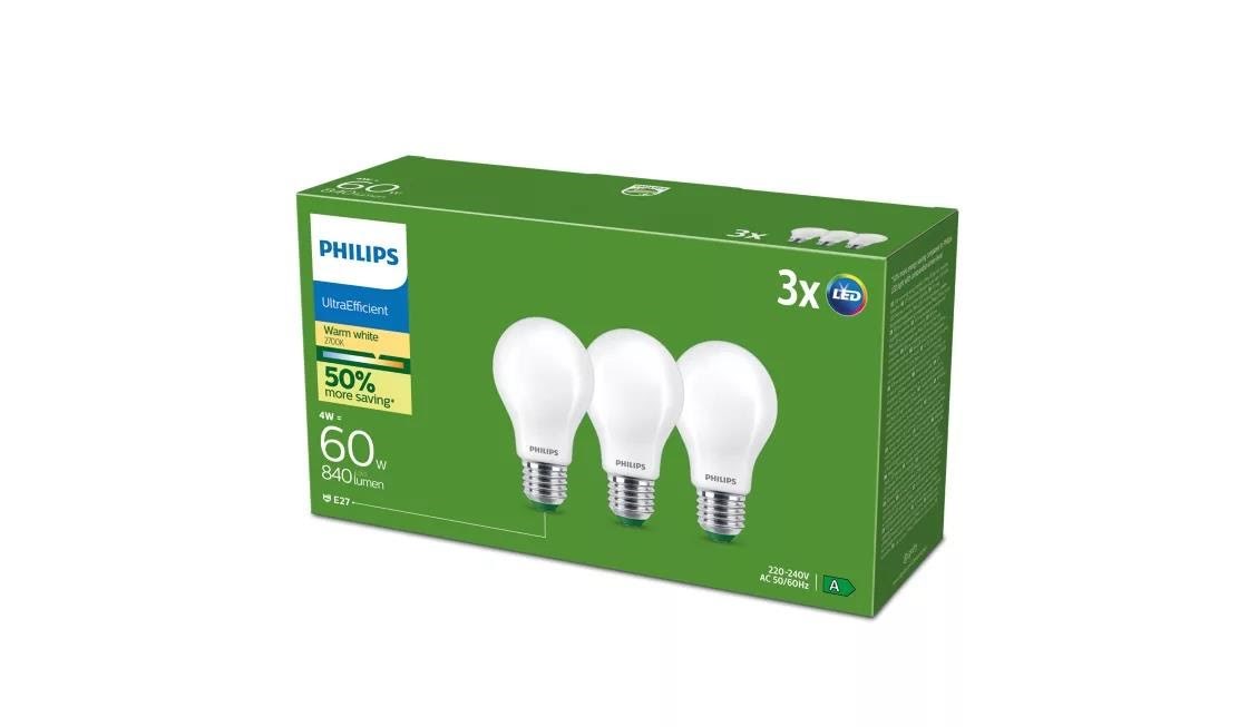 Philips Led-lampe Ultra Efficient A60 4w/827 (60w) Frosted 3-pack E27 - Led Birnen