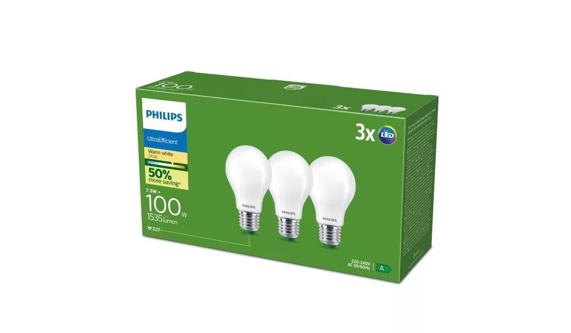 Philips Led-lampe Ultra Efficient A60 7,3w/827 (100w) Frosted 3-pack E27 - Led Birnen 929003625331