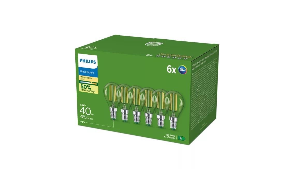 Philips Led-lampe Ultra Efficient P45 2,3w/827 (40w) Clear 6-pack E14 - Led Birnen 929003801131