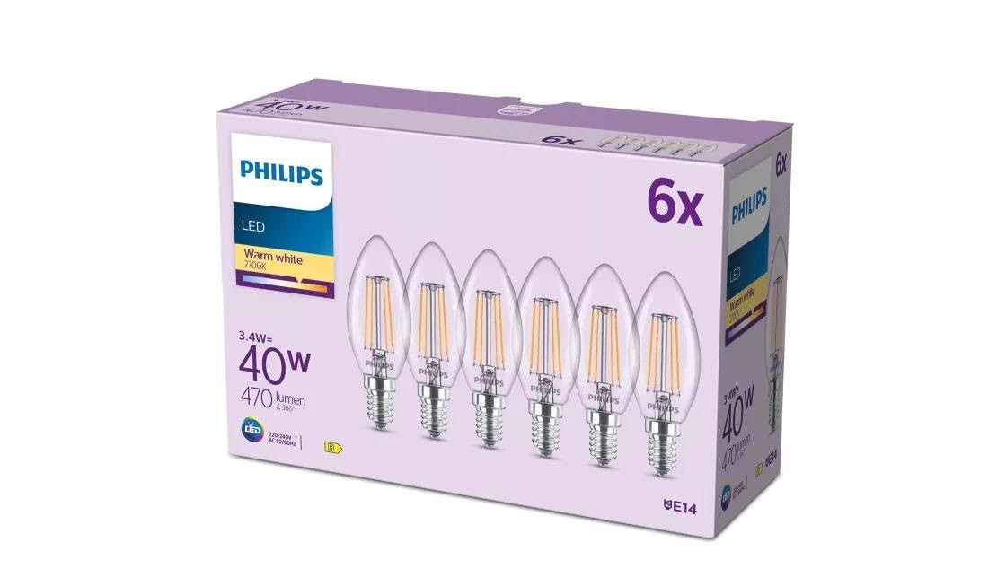 Philips Led-lampe B35 3,4w/827 (40w) Clear 6-pack E14 - Led Birnen 929004589663