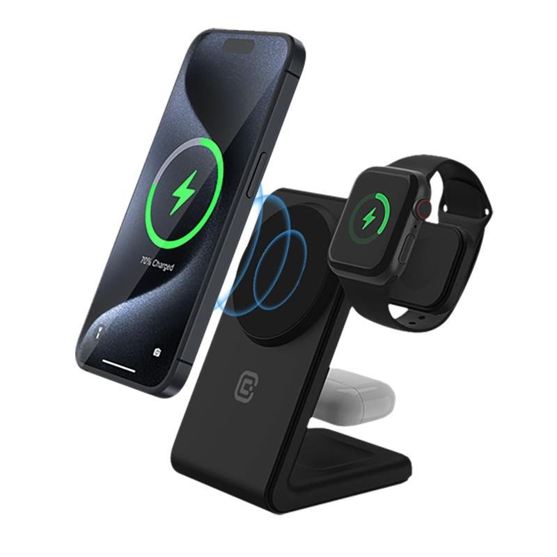 Crong Magspot Pivot Stand - 3-in-1 Wireless Charger With Magsafe For Iphone Apple Watch And Airpods - Black - Handys Adapter Und Ladegeraete