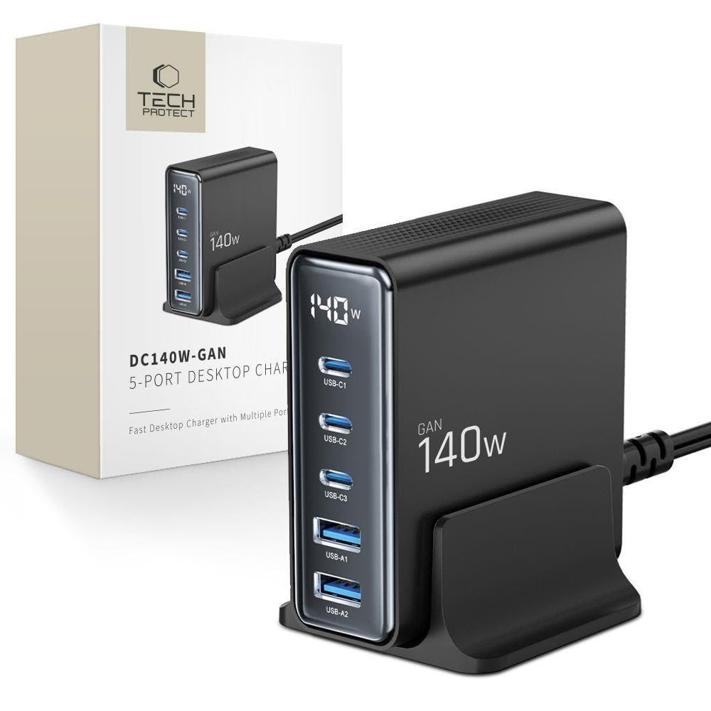 Tech-protect Dc140w-gan 5-port Pd140w/qc3.0 Charging Station - Black - Handys Adapter Und Ladegeraete 5906302375455