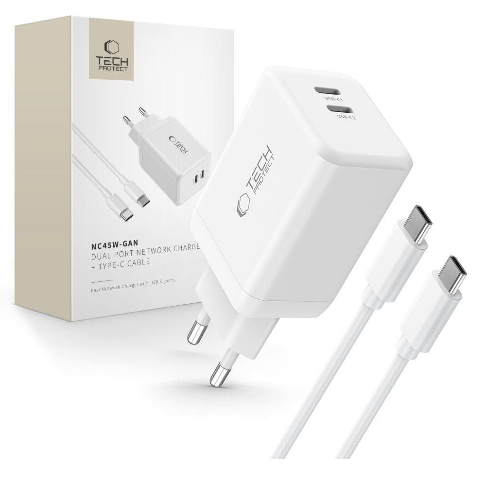 Tech-protect Nc45w-gan 2-port Pd45w + Type-c Cable - White - Handys Adapter Und Ladegeraete