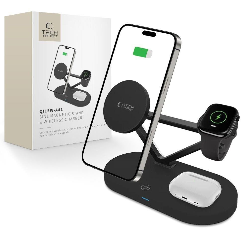 Tech-protect Qi15w-a41 3in1 Wireless Charger With Magsafe For Apple Devices - Black - Handys Adapter Und Ladegeraete